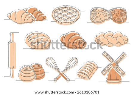 Bun, bread, croissant, applepie pie continuous one line drawing set isolated on a white background. Whisk, rolling pin, windmill, elements. Outline bakery brown icon collections. Vector illustration