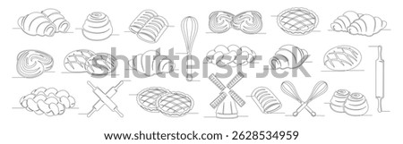 Bun, bread, croissant, applepie pie continuous one line drawing set isolated on a white background. Whisk, rolling pin, windmill, elements. Outline bakery icon collections. Vector illustration