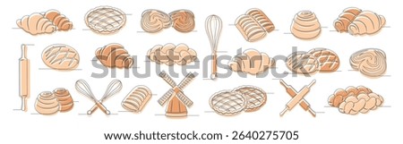 Bun, bread, croissant, applepie pie continuous one line drawing set isolated on a white background. Whisk, rolling pin, windmill, elements. Outline bakery brown icon collections. Vector illustration