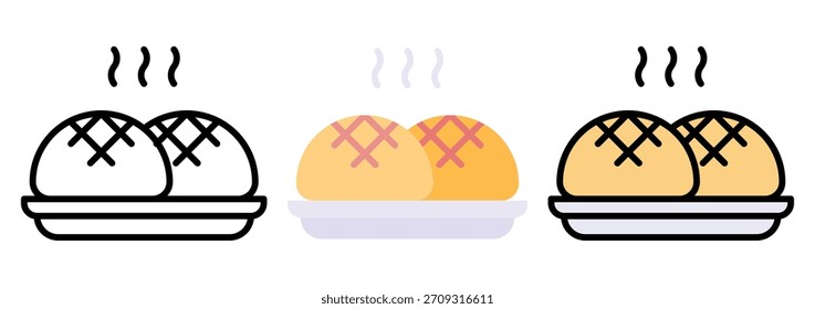 Conjunto de iconos de pan de bollo en contorno, color y estilo plano