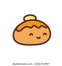Bun Bread Vector. Sweet bun with butter and syrup. Smiling bun. Live food vector illustration. Loaf food, Bakery Baget, pastry grain. Kawaii