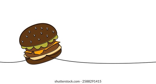 Bun burger one line colored continuous drawing. Traditional American fast food.