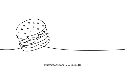 Bun burger one line continuous drawing. Traditional American fast food. Vector illustration.