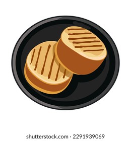 Bun for burgers, arepas, sandwiches. Vector flatbread on a black plate. Grilled bun. White isolated background. 