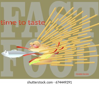 Bun catches fish for a fishburger / fast food / vector