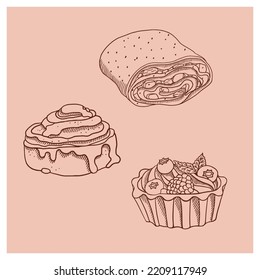 Bun cinnabon, cake and apple strudel, hand drawn style.