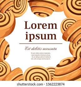 Bun with cinnamon. Freshly baked sweet cake. Baked pastry item. Flat vector illustration on white background. Place for text, pattern for greetings card or flyer design.