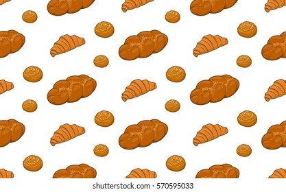 Bun, confectionery bakery product, a delicious dessert, cookies seamless pattern wallpaper, textile, wrapping baking. Vector illustration for vashyh Projects summary.