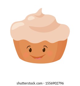 Bun, cupcake, cake poured with fondant. Cute, funny character. Bakery smiling pastry. Vector illustration. Menu, banner, signboard, frame, emblem, advertisement, label,
