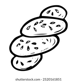 Bun curl hand drawn doodle. Baked pie with sprinkles. Bakery. Sweet food. Homemade pastry. Wheat dough bread. Sugar biscuit dessert. Vector sketch line art illustration.