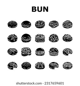 bun food meal bread icons set vector. snack fresh, fast delicious, sandwich lunch, bakery cheeseburger cuisine tasty baked bun food meal bread glyph pictogram Illustrations