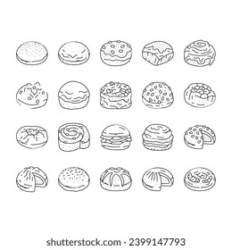 bun food meal bread icons set vector. snack fresh, fast delicious, sandwich lunch, bakery cheeseburger cuisine tasty baked bun food meal bread black contour illustrations
