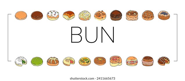 bun food meal bread icons set vector. snack fresh, fast delicious, sandwich lunch, bakery cheeseburger cuisine tasty baked bun food meal bread color line illustrations