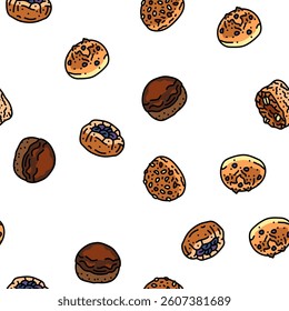 bun food meal bread vector seamless pattern thin line illustration