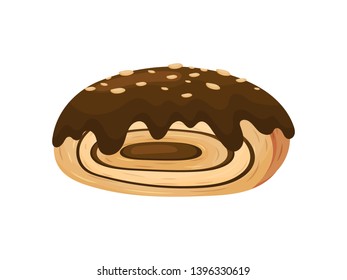 Bun in the form of a roll with chocolate filling. Vector illustration on white background.