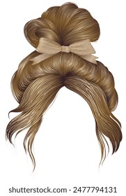 bun  hairs with beige bow  blond colors . women fashion beauty style . 

