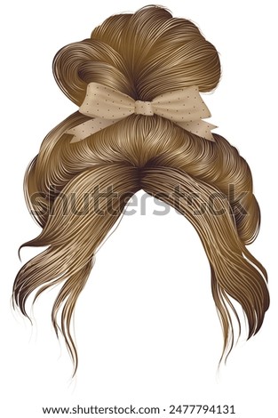 bun  hairs with beige bow  blond colors . women fashion beauty style . 

