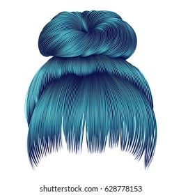 bun hairs with fringe  blue colors. women fashion beauty style. 