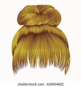 bun  hairs with fringe bright yellow
 colors . women fashion beauty style . 
