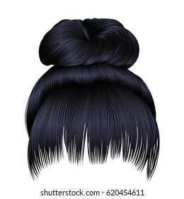 bun  hairs with fringe brunette black  dark colors . 
colors . women fashion beauty style .