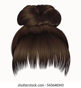 bun  hairs with fringe dark  brown colors . women fashion beauty style . 