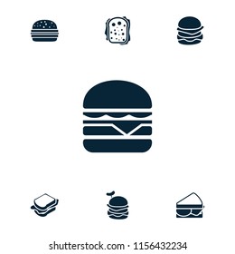 Bun icon. collection of 7 bun filled icons such as sandwich, cheeseburger, burger with sausage. editable bun icons for web and mobile.