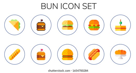 bun icon set. 10 flat bun icons. Included sandwich, baguette, burger, hamburguer, hot dog icons