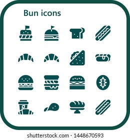 bun icon set. 16 filled bun icons.  Collection Of - Burger, Sandwich, Hot dog, Croissant, Scone, Sourdough, Snack, Baguette