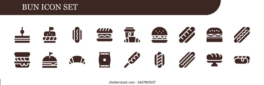 bun icon set. 18 filled bun icons.  Collection Of - Sandwich, Burger, Hot dog, Hamburger, Croissant, Scone, Snack, Baguette
