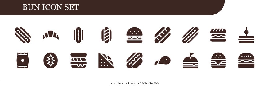 bun icon set. 18 filled bun icons.  Simple modern icons such as: Hotdog, Croissant, Hot dog, Burger, Hamburger, Sandwich, Snack, Sourdough, Scone