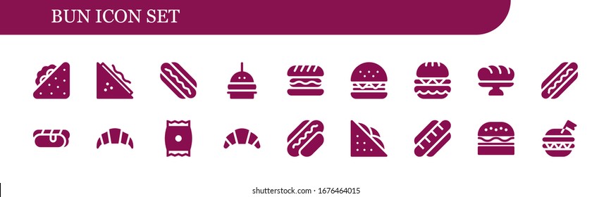 Bun Icon Set. 18 Filled Bun Icons. Included Sandwich, Hotdog, Burger, Hamburger, Baguette, Hot Dog, Croissant, Snack Icons