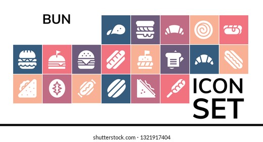 Bun Icon Set. 19 Filled Bun Icons.  Collection Of - Snack, Burger, Sandwich, Sourdough, Hot Dog, Hamburger, Croissant, Hotdog, Scone, Cinnamon Roll