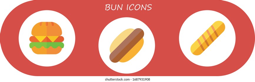 bun icon set. 3 flat bun icons.  Simple modern icons such as: burger, hot dog, baguette