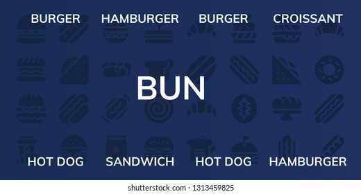 bun icon set. 32 filled bun icons. on blue background style Collection Of - Burger, Hamburger, Croissant, Hot dog, Sandwich, Snack, Cinnamon roll, Hotdog, Sourdough, Scone, Baguette