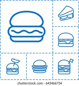 Bun icon. set of 6 bun outline icons such as burger, sandwich, double burger with flag, burger with sausage