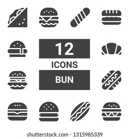 bun icon set. Collection of 12 filled bun icons included Hamburger, Hotdog, Hamburguer, Burger, Hot dog, Croissant, Sandwich, Baguette