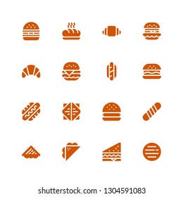 bun icon set. Collection of 16 filled bun icons included Hamburger, Sandwich, Baguette, Hamburguer, Hot dog, Hotdog, Burger, Croissant