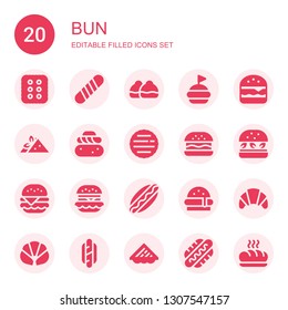 bun icon set. Collection of 20 filled bun icons included Cracker, Baguette, Bun, Hamburguer, Burger, Sandwich, Semla, Hamburger, Hotdog, Croissant, Hot dog