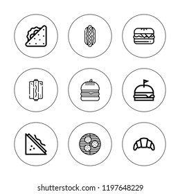 Bun icon set. collection of 9 outline bun icons with burger, burgers, croissant, hamburger, hot dog, hotdog icons. editable icons.