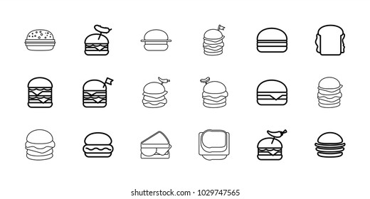 Bun icons. set of 18 editable outline bun icons: burger, double burger with flag, burger with pepper