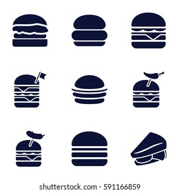 bun icons set. Set of 9 bun filled icons such as burger, sandwich, double burger with flag