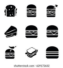 Bun icons set. set of 9 bun filled icons such as sandwich, double burger with flag, burger with pepper