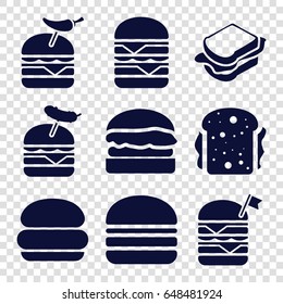 Bun icons set. set of 9 bun filled icons such as sandwich, double burger with flag