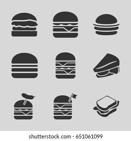 Bun icons set. set of 9 bun filled icons such as burger, sandwich, double burger with flag