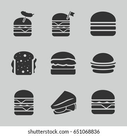 Bun icons set. set of 9 bun filled icons such as burger, sandwich, double burger with flag