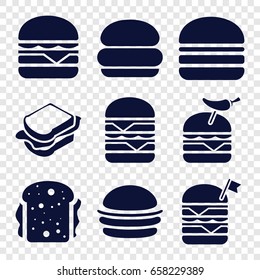 Bun icons set. set of 9 bun filled icons such as burger, sandwich, double burger with flag