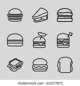 Bun icons set. set of 9 bun outline icons such as burger, sandwich, double burger with flag