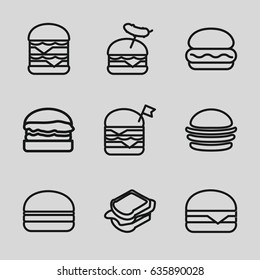 Bun icons set. set of 9 bun outline icons such as burger, sandwich, double burger with flag