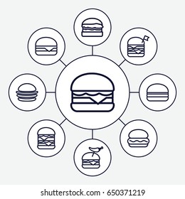 Bun icons set. set of 9 bun outline icons such as burger, double burger with flag