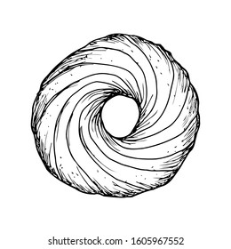 Bun. Illustrations for coffee houses or cafes. Hand drawn vector illustration. Monochrome black and white ink sketch. Isolated on white background. Coloring page.